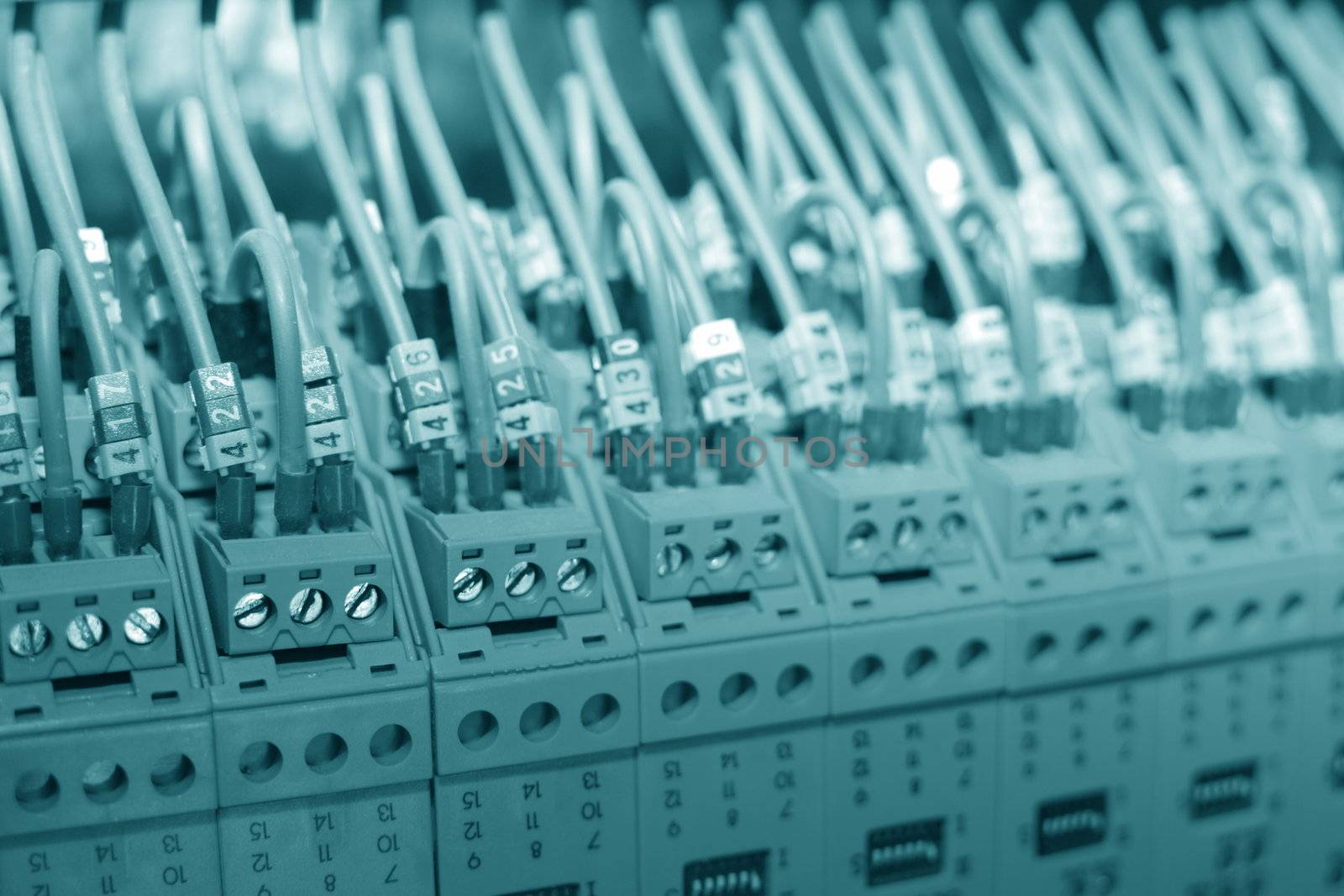 Part of industrial control panel (circuit board) close-up 