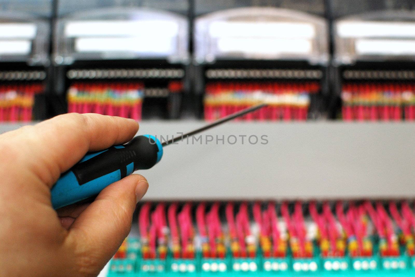 Hand holding screw driver on control panel wiring background