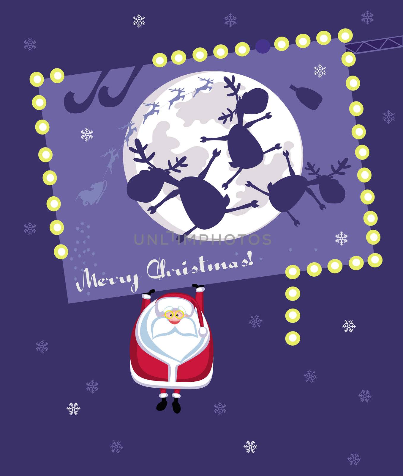 Comic Santa hanging on Christmas billboard. Vector illustration