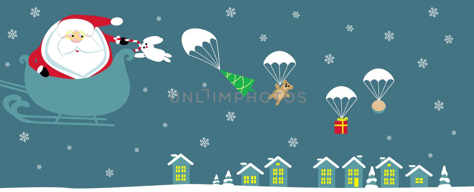 Cartoon Santa with bell in sleight dropping presents with parachutes. Vector