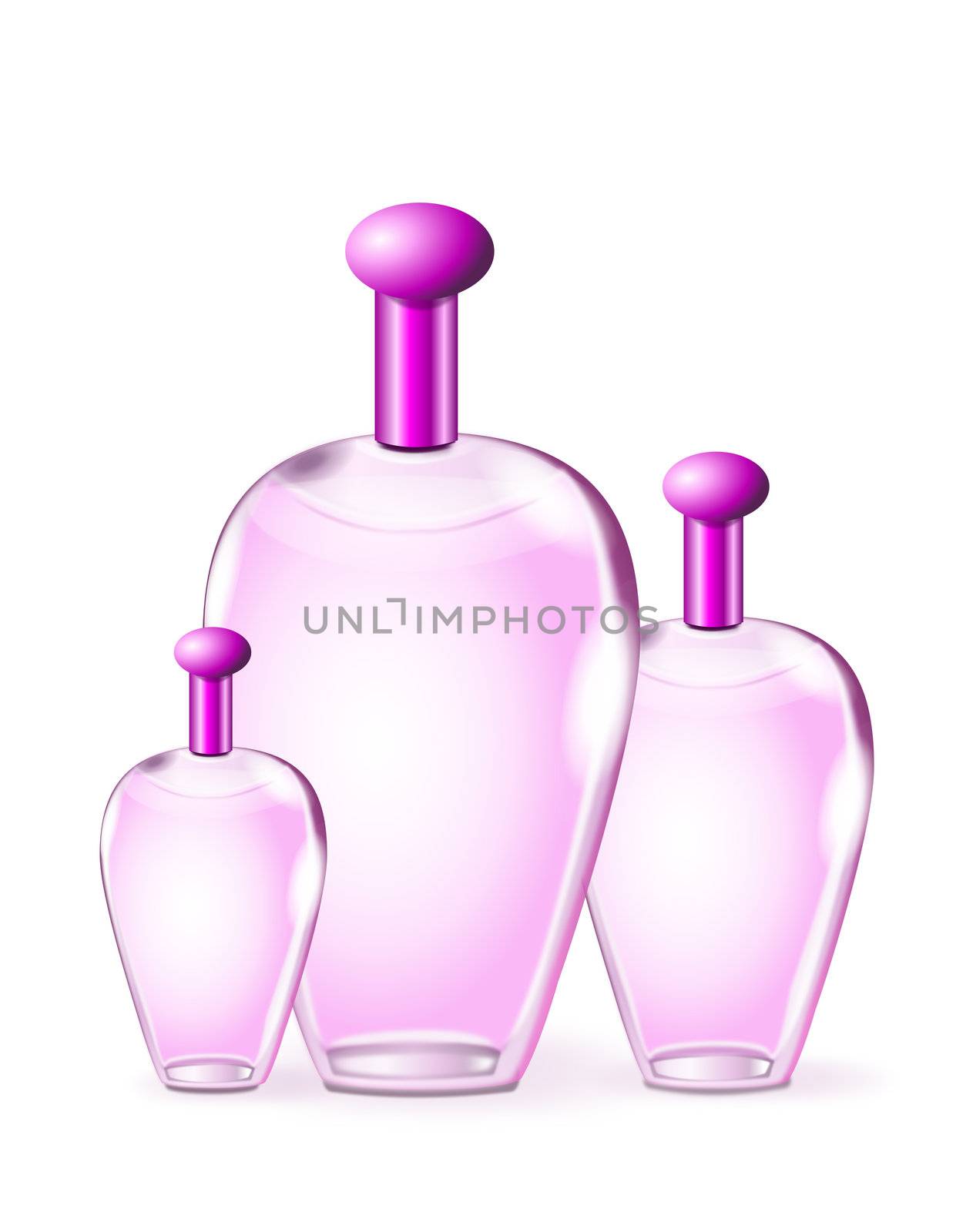 Illustrated pink perfume bottles arranged with white background.