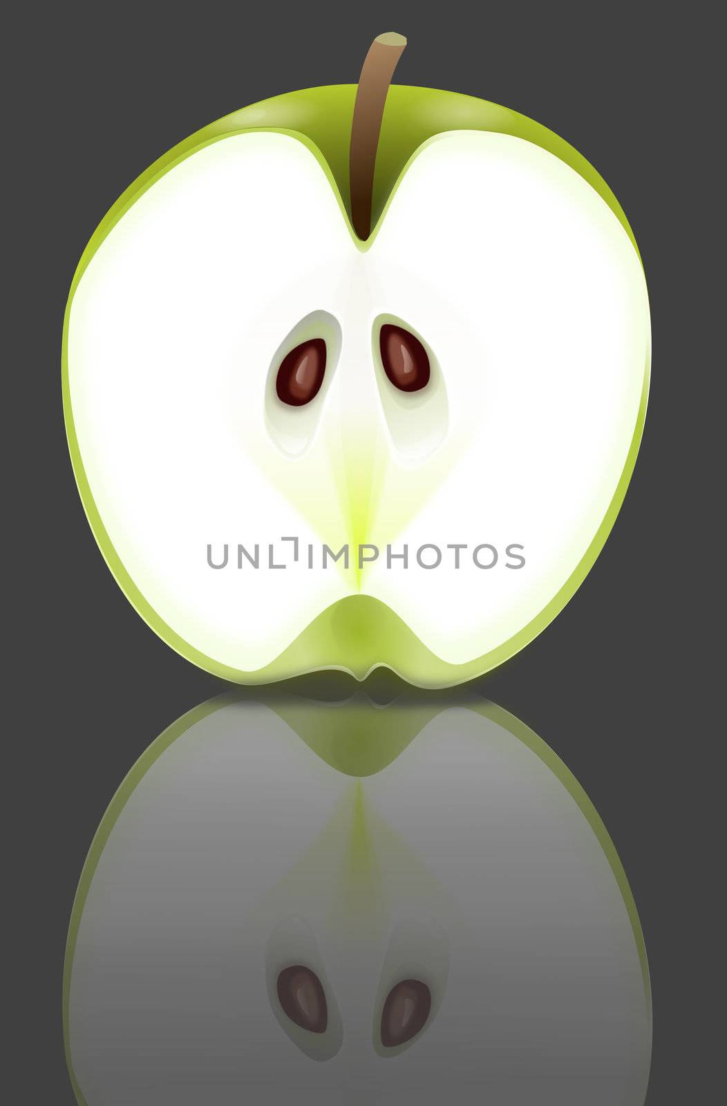 Illustration depicting a fresh green apple half arranged over black background and reflecting into the foreground.