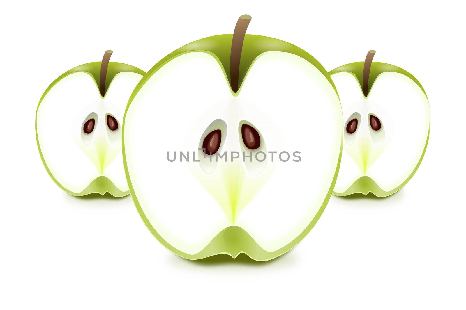 Illustration depicting three fresh apple halves arranged horizontally over white.