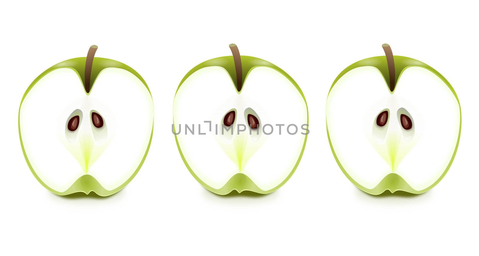 Illustration depicting three fresh apple halves arranged horizontally over white.