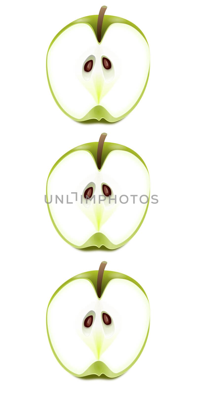 Illustration depicting three fresh apple halves arranged vertically over white.