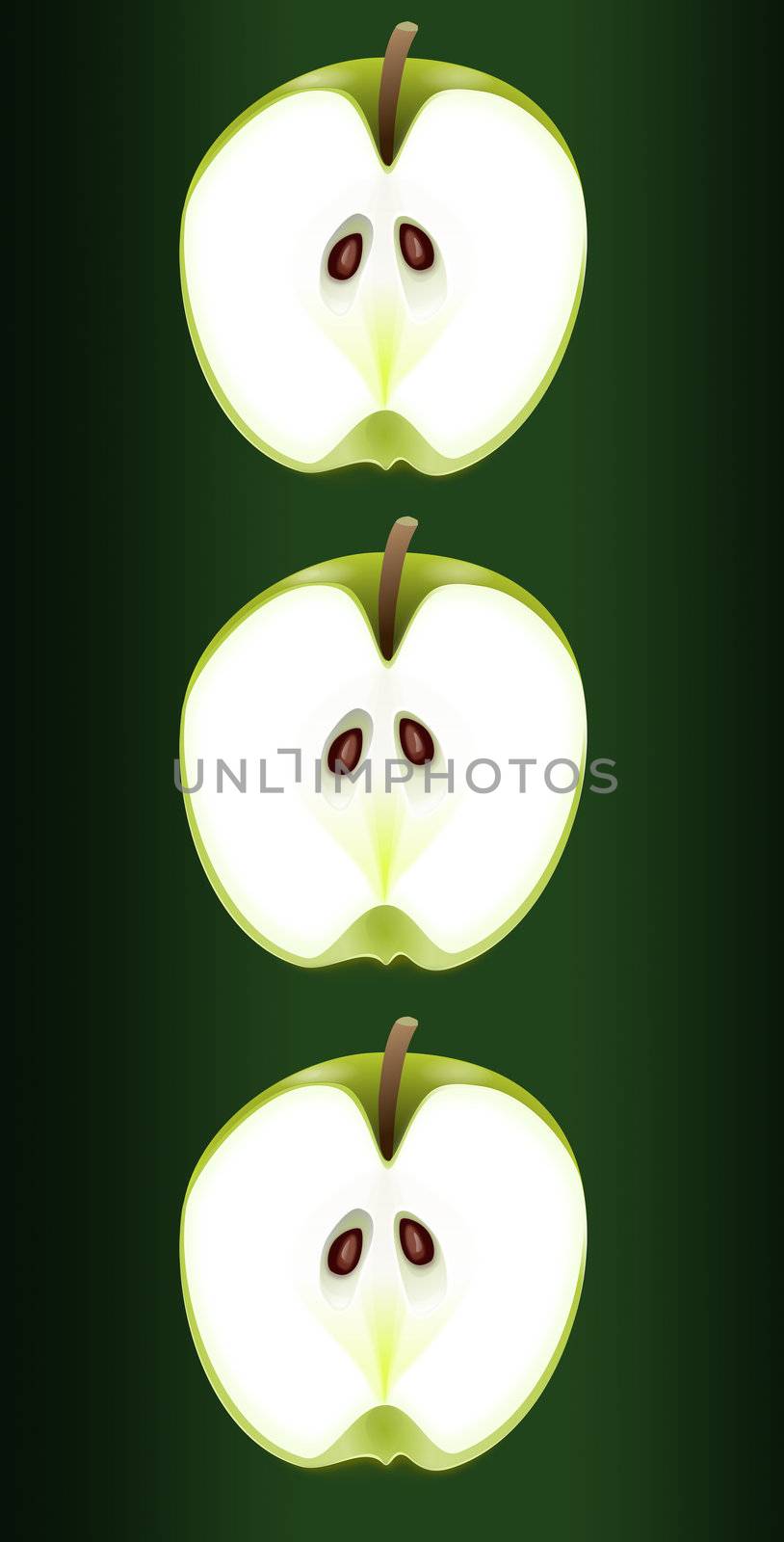 Illustration depicting three fresh apple halves arranged vertically over dark green background.