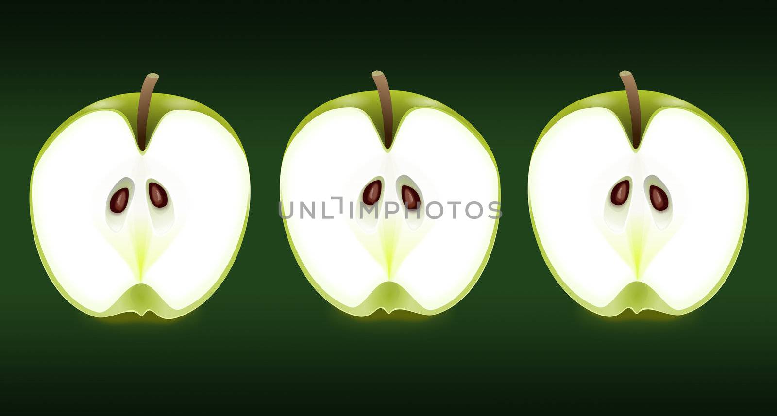 Illustration depicting three fresh apple halves arranged horizontally over dark green background.
