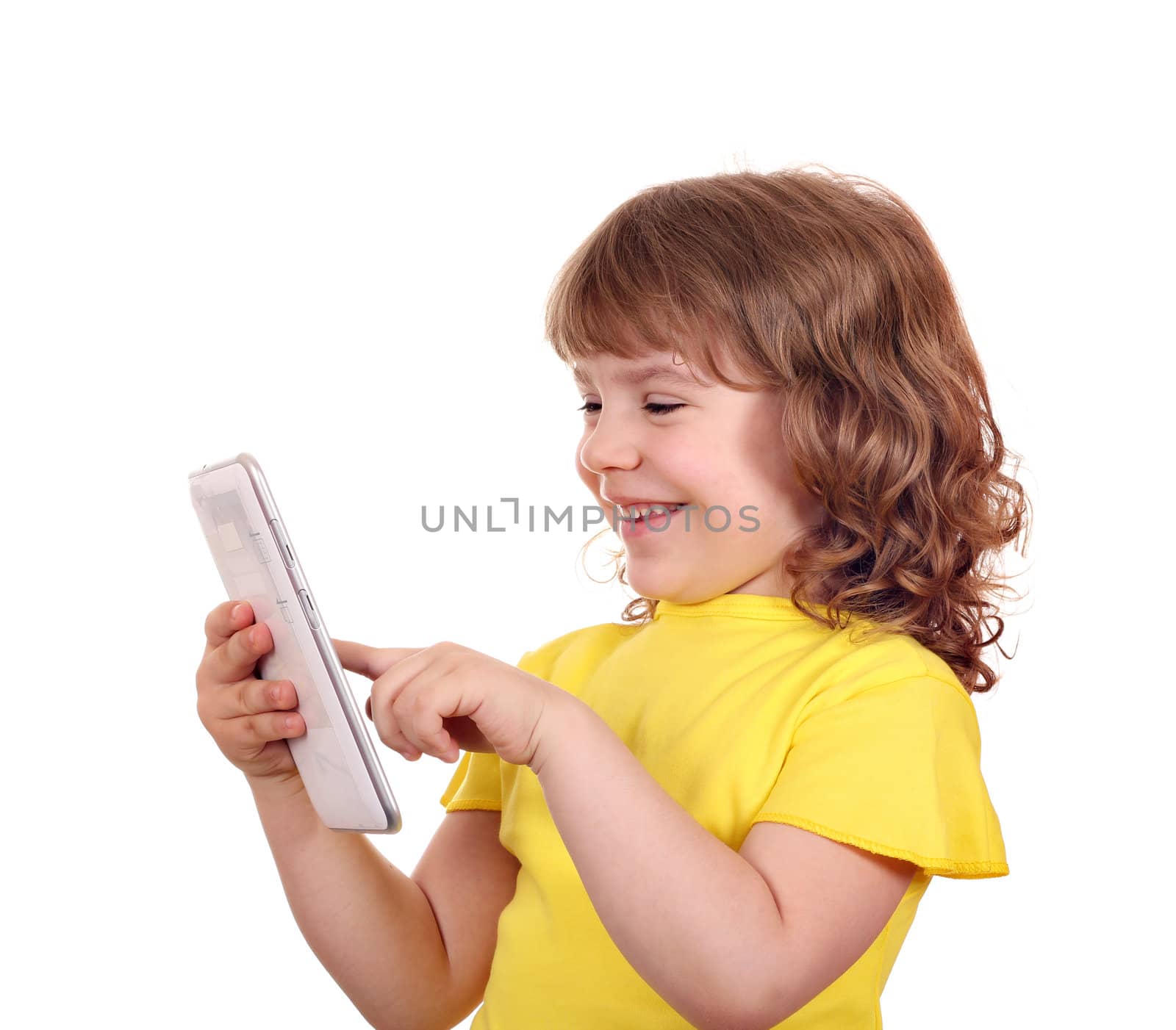 beautiful little girl play with tablet pc portrait