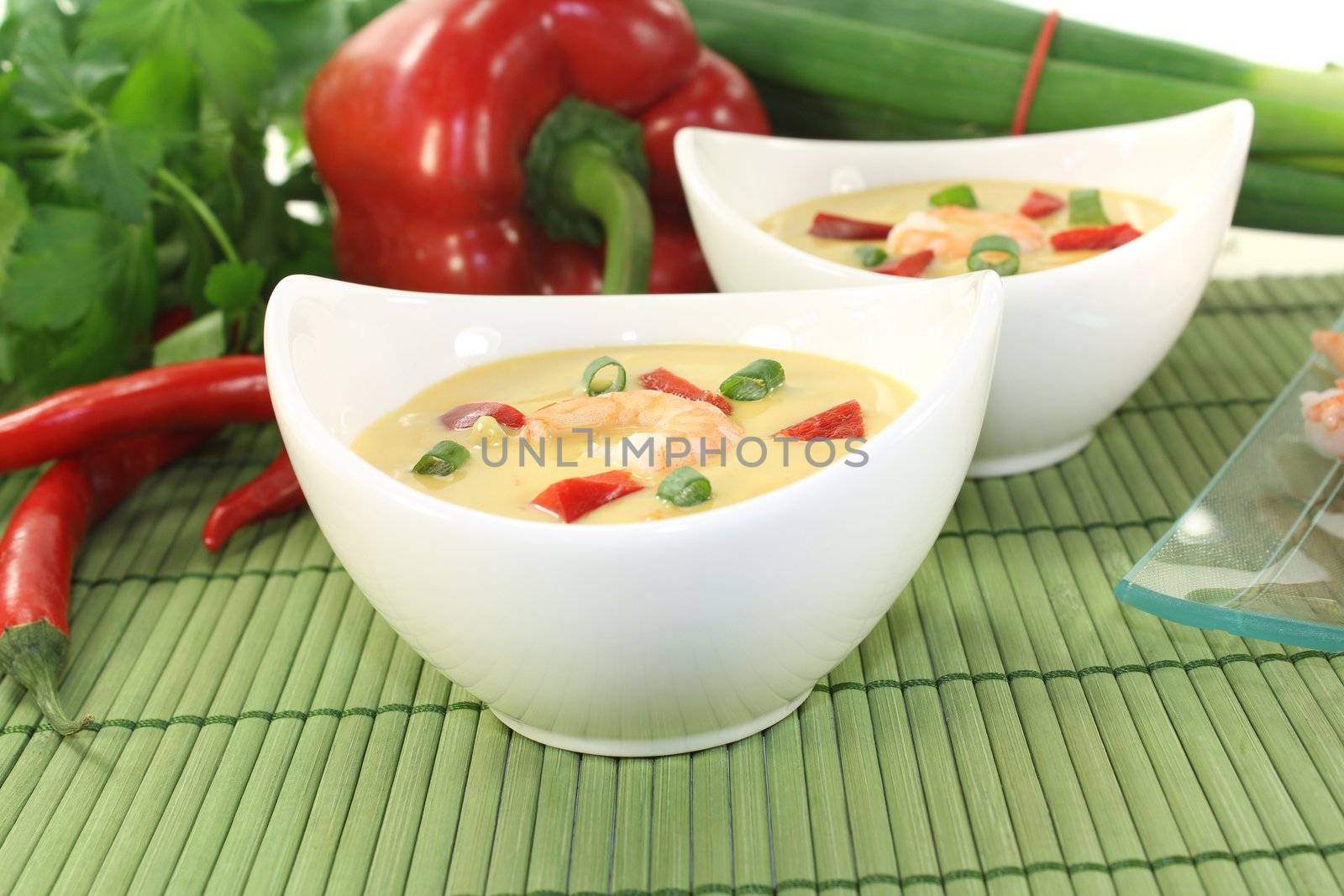 Asian Curry Soup with shrimp, bell pepper, leeks and coconut milk