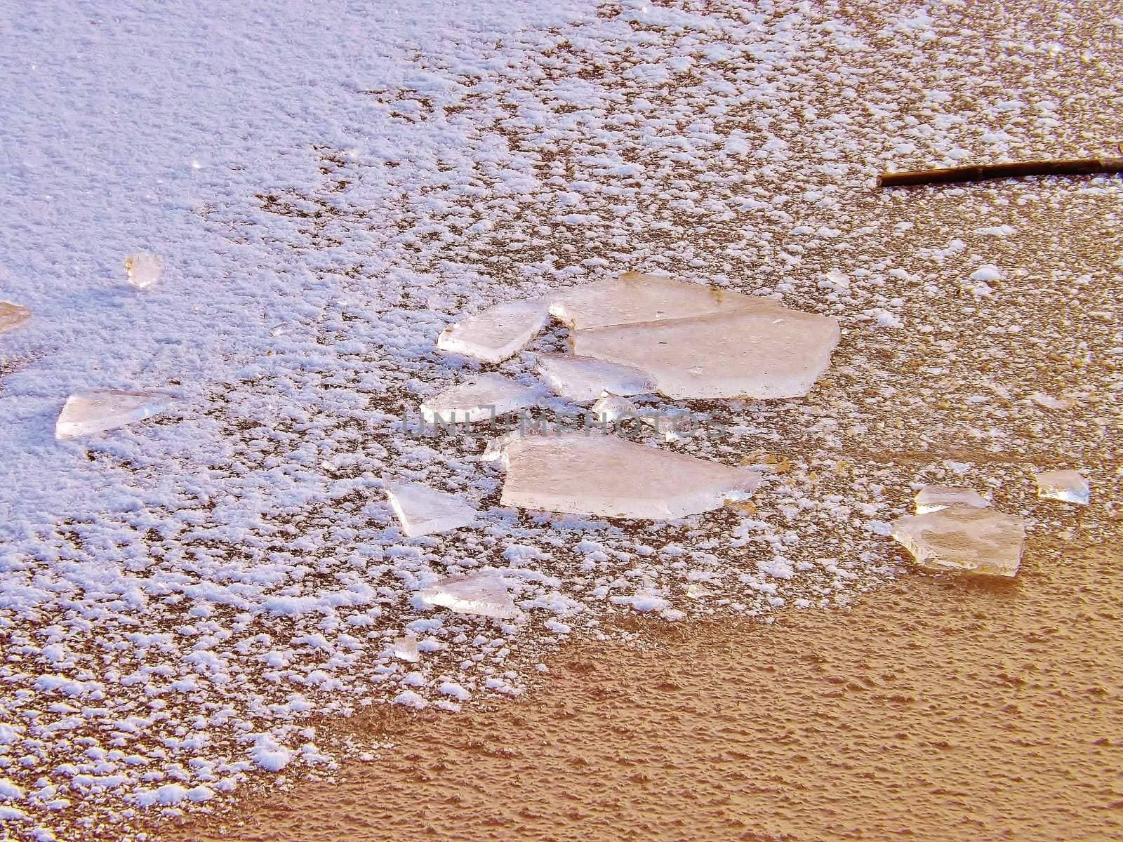 a frozen ice on a lakefront with sand.