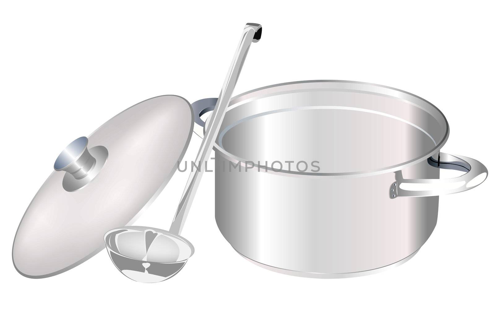 Saucepan and big spoon on a white background by sergey150770SV