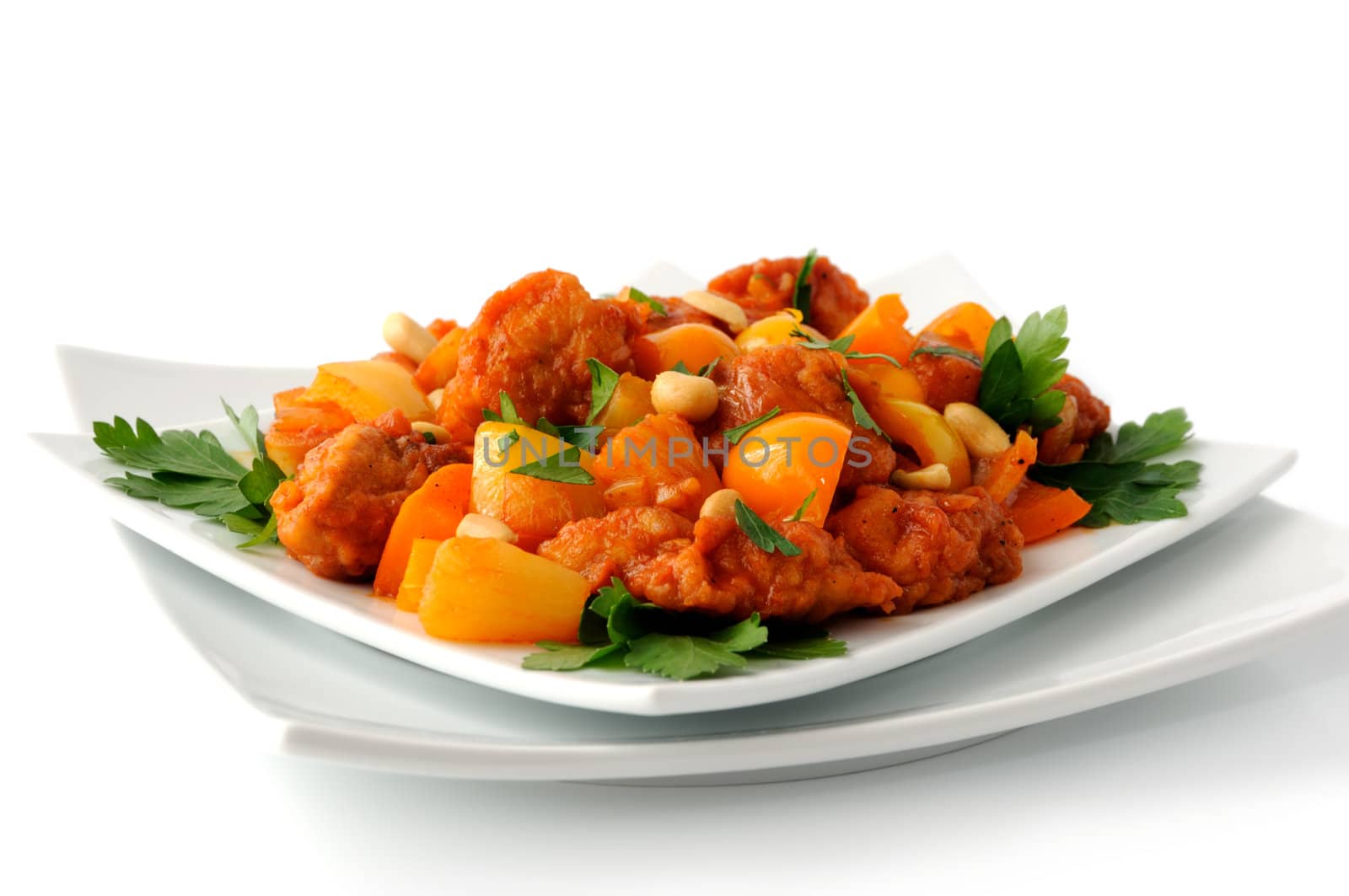  Pork in batter with pineapple and bell pepper in sweet and sour sauce with peanuts