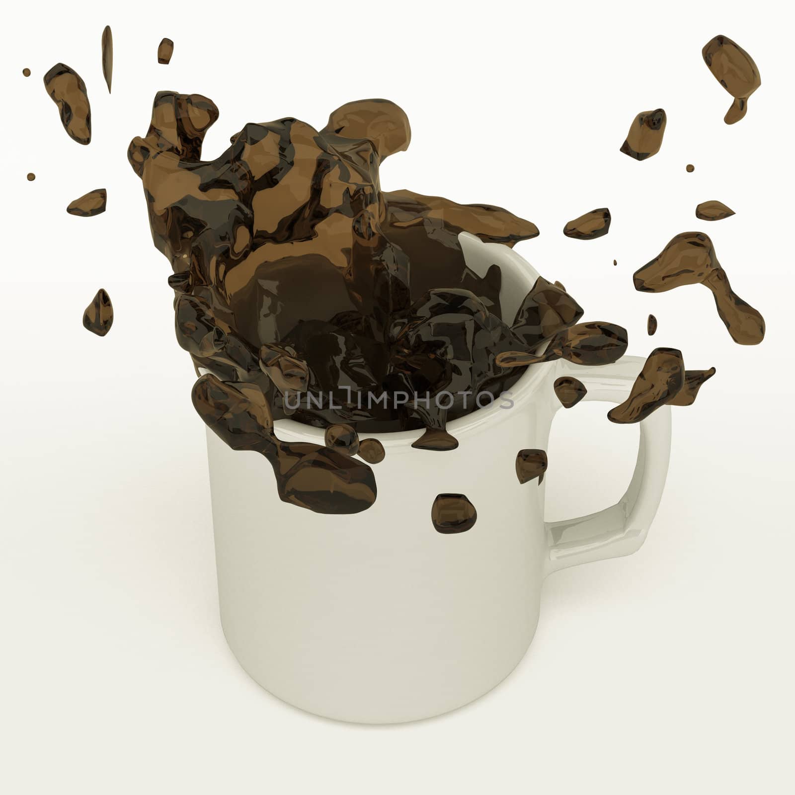 spilled coffee from a dropping mug with splash, 3d render.