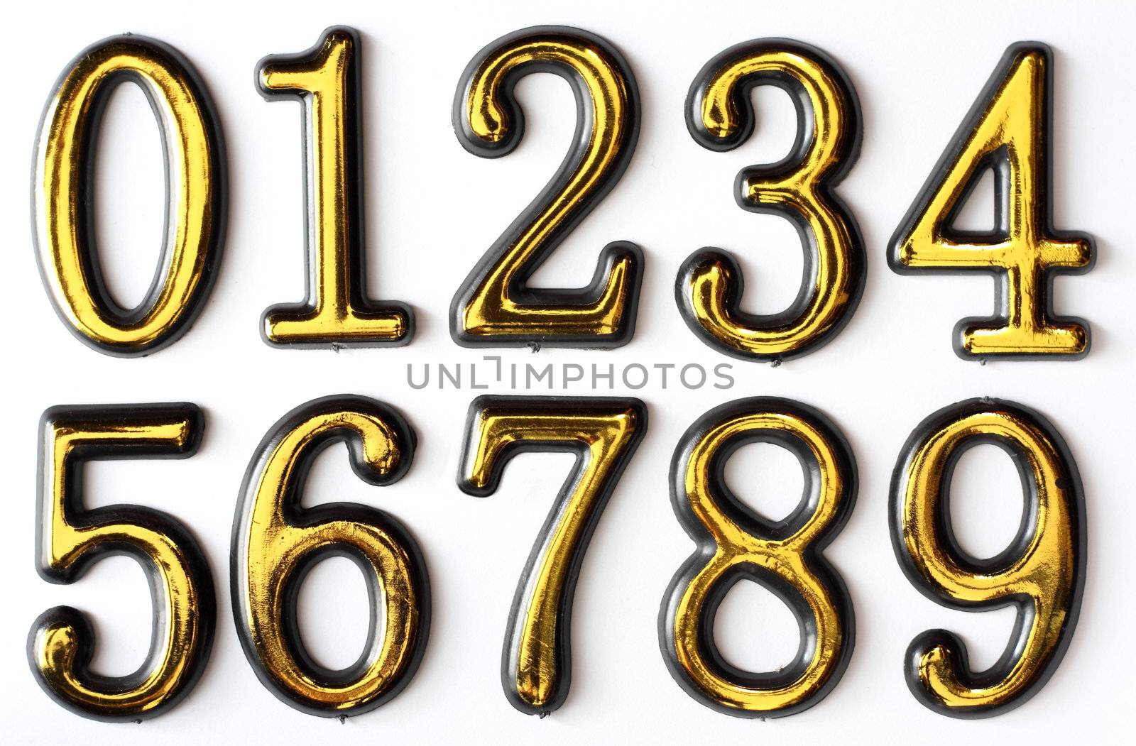 Golden bright numbers on a white background. Numbers 0, 1, 2, 3, 4, 5, 6, 7, 8 and 9.