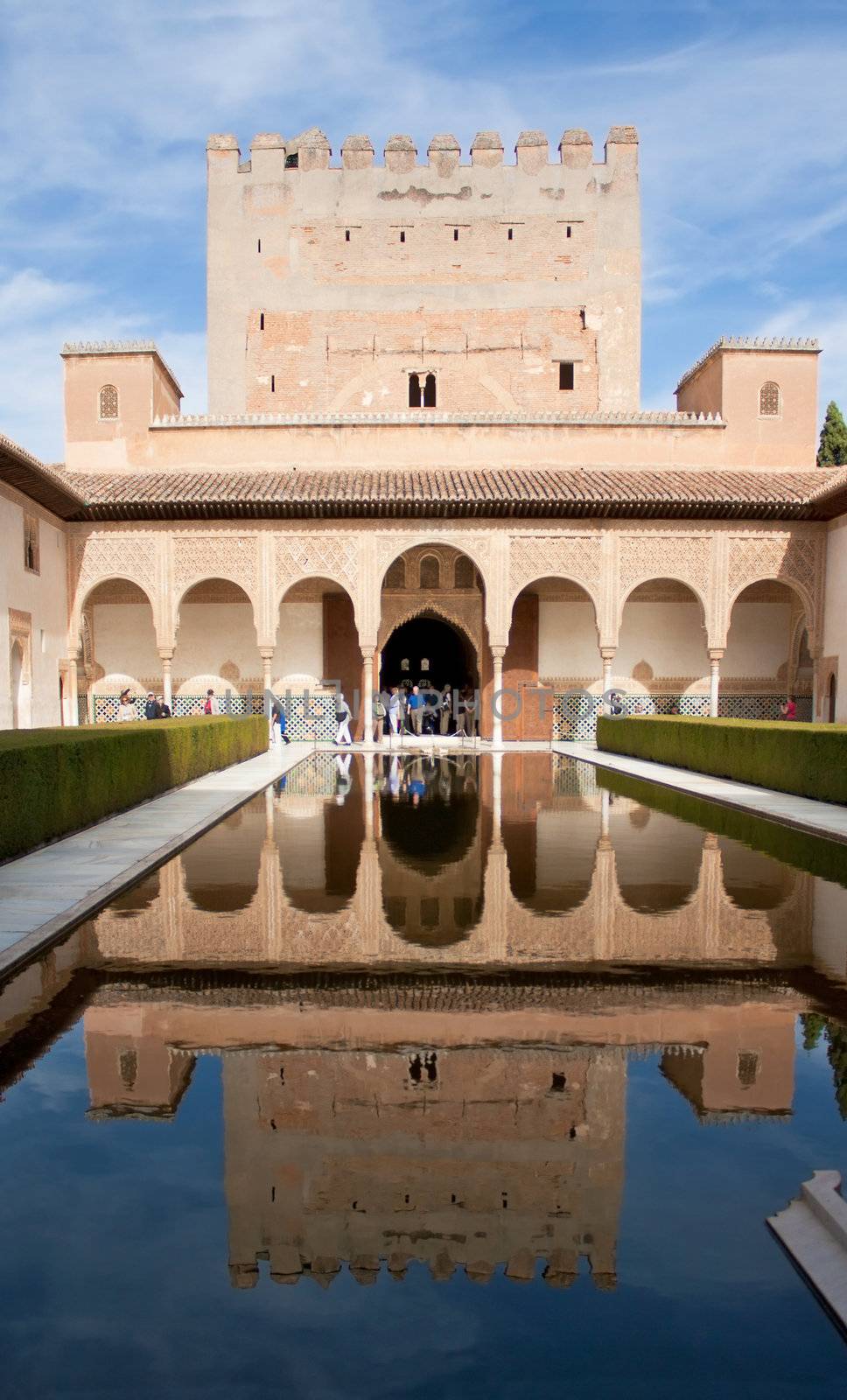 Court of the Myrtles (Patio de los Arrayanes) in the Nasrid Palaces of The Alhambra of Granada, Spain. Also known as Patio de la Alberca or Court of the Pond.