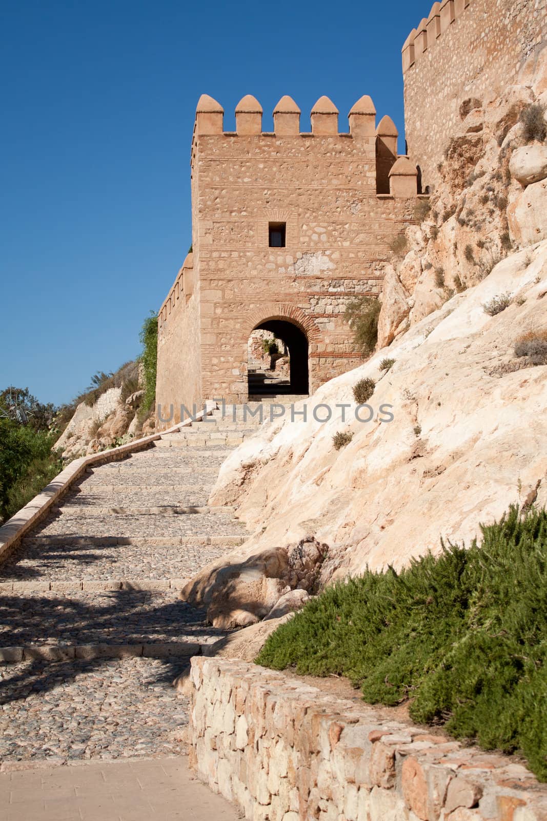 Entrance and exterior walls of the Alcazaba of Almeria, moorish fortress dating from the 10th century.