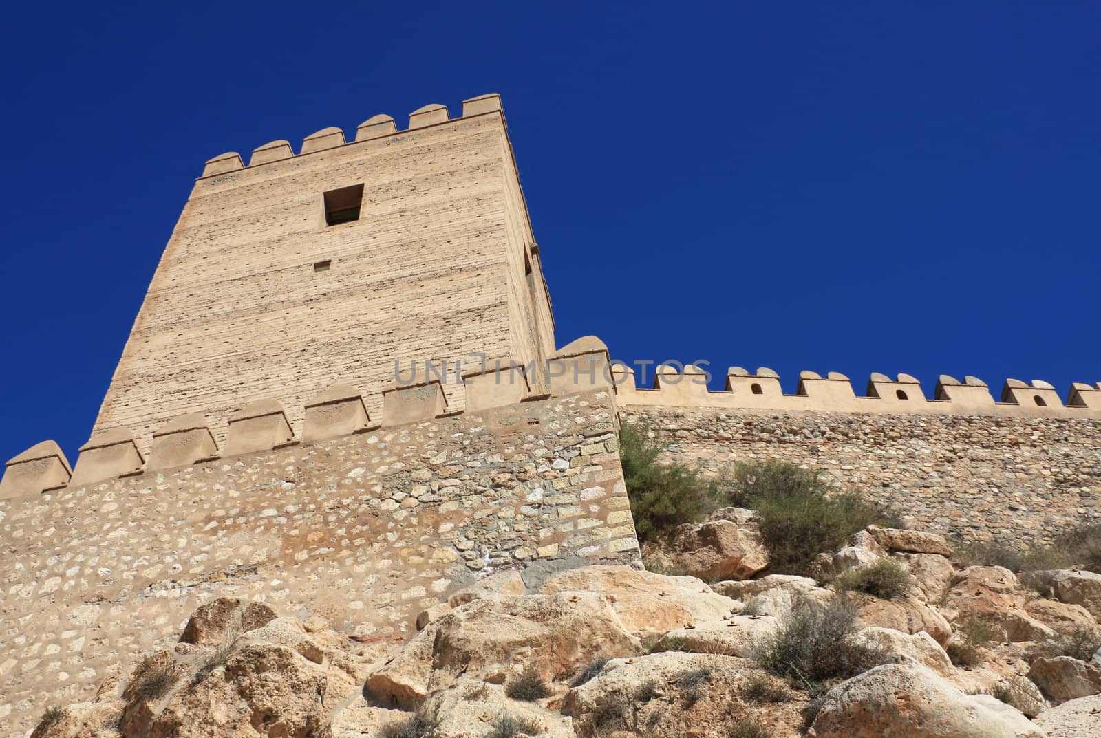 Embattled wall in the Alcazaba of Almeria, medieval moorish fortress dating from the 10th century.