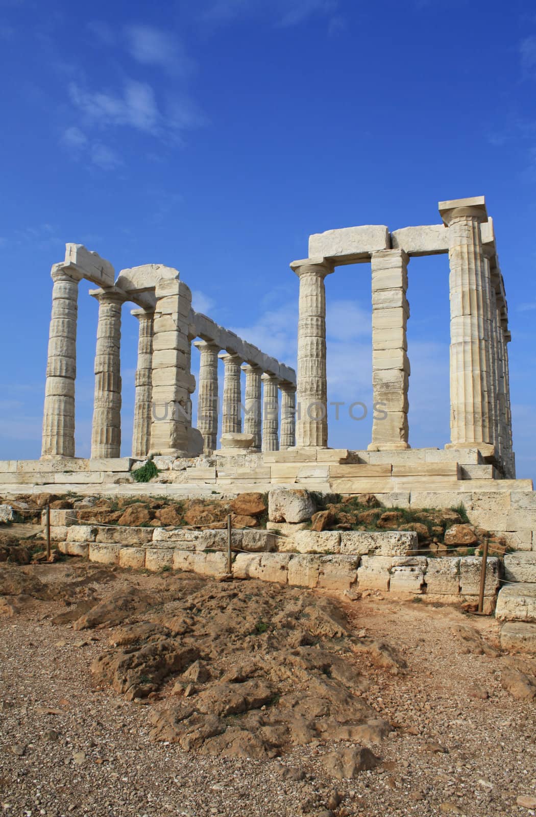 Remains of Temple of Poseidon, god of the sea in ancient Greek mythology, at Cape Sounion, near Athens (Greece).