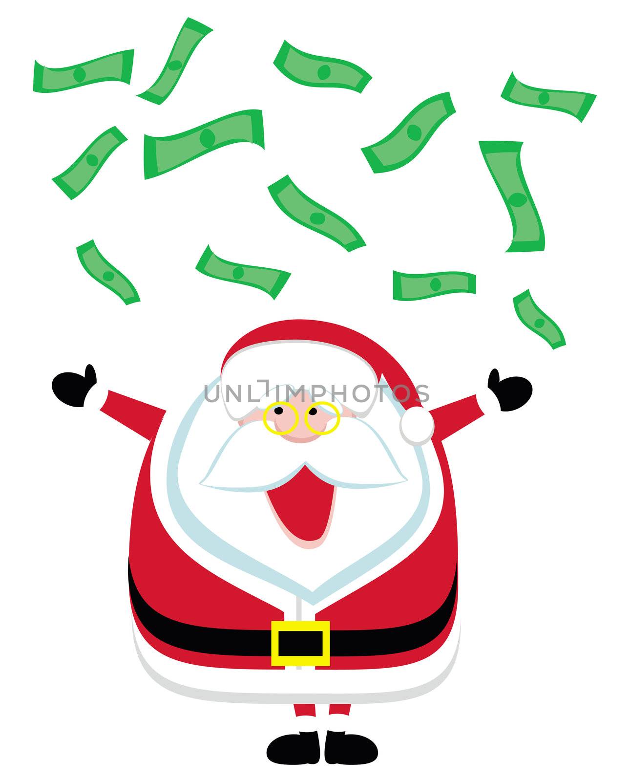Cartoon Santa catching  falling dollar bills. Vector illustration