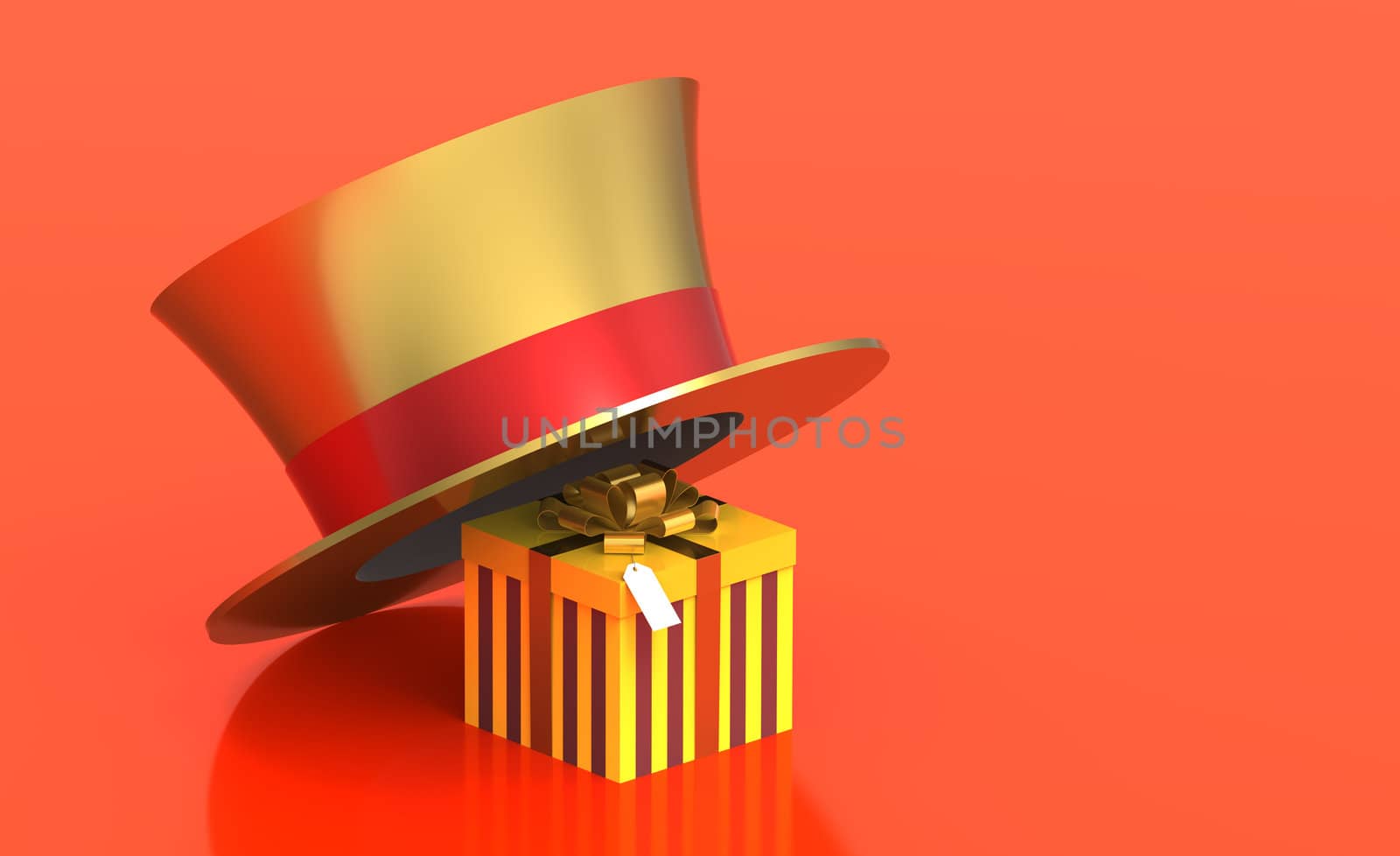 Gift box under golden hat, 3d render