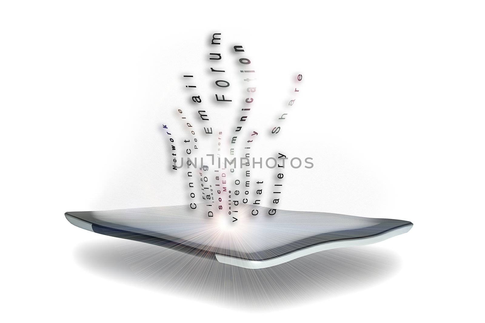 Conceptual image of using a tablet computer for multimedia sharing of information and social networking with text words being emitted from the screen detailing its various functions