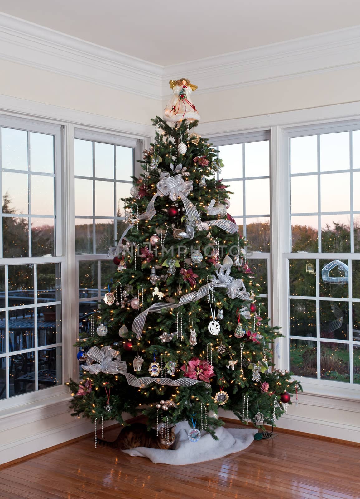 Christmas tree decorated with silver and white ribbons and ornaments in family home