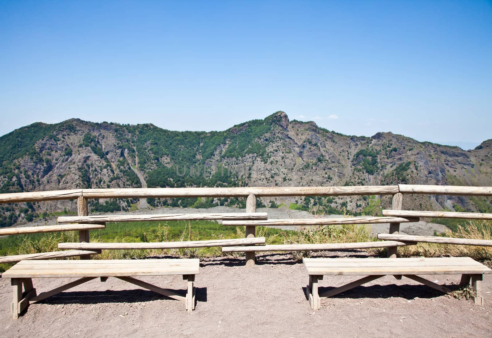 Empty bench in front of volcano Vesuvius crater. This bench is used during trekking