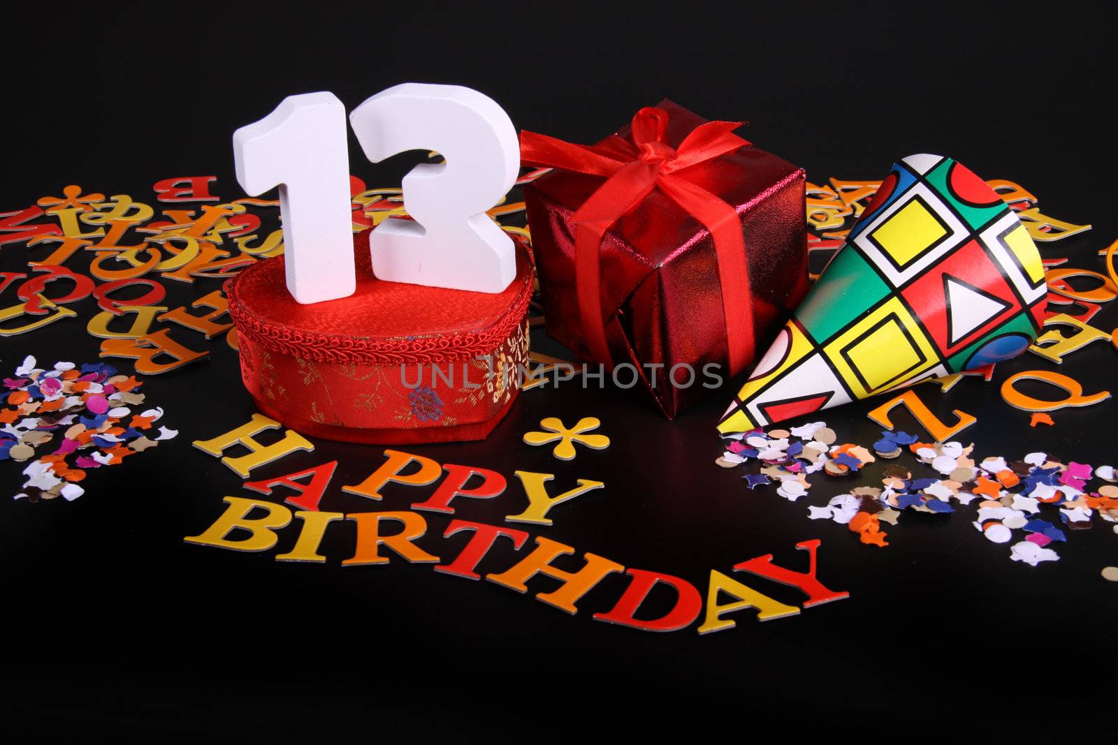 Happy birthday on a black background  and a red heart  and white caracters and confetti