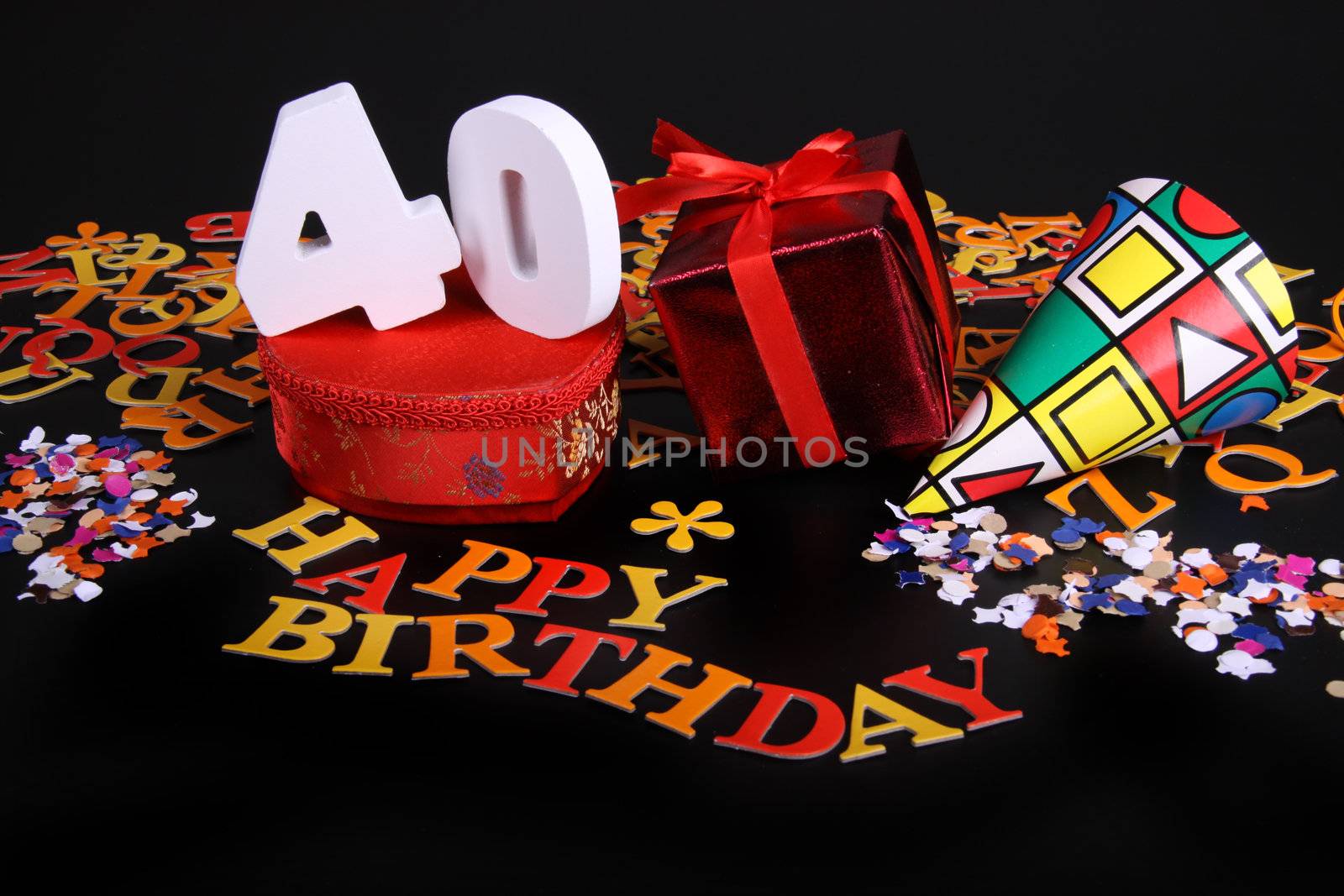 Happy birthday on a black background  and a red heart  and white caracters and confetti