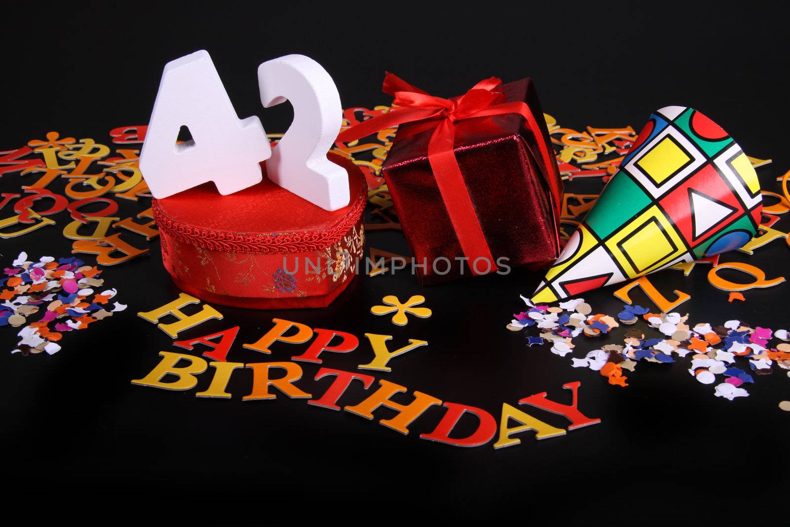 Happy birthday on a black background  and a red heart  and white caracters and confetti