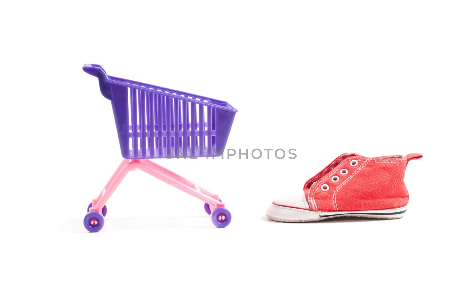 Conceptual photo with miniature shopping-cart isolated on white