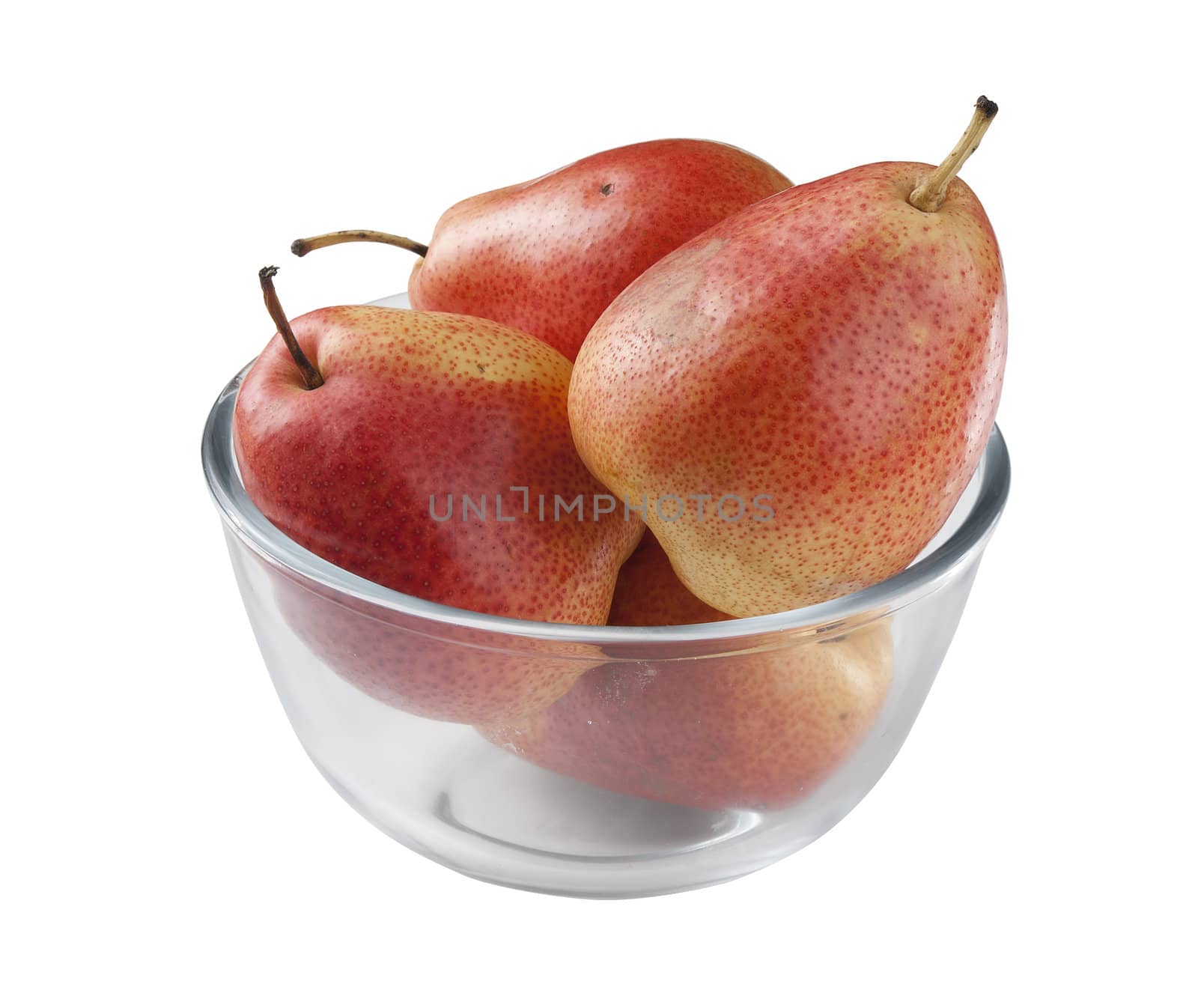 Some red pears in the glass bowl