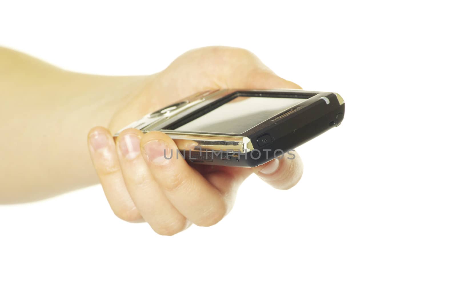 hands with communicator isolated over white background