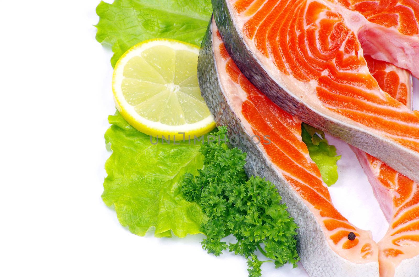 raw salmon and spices isolated