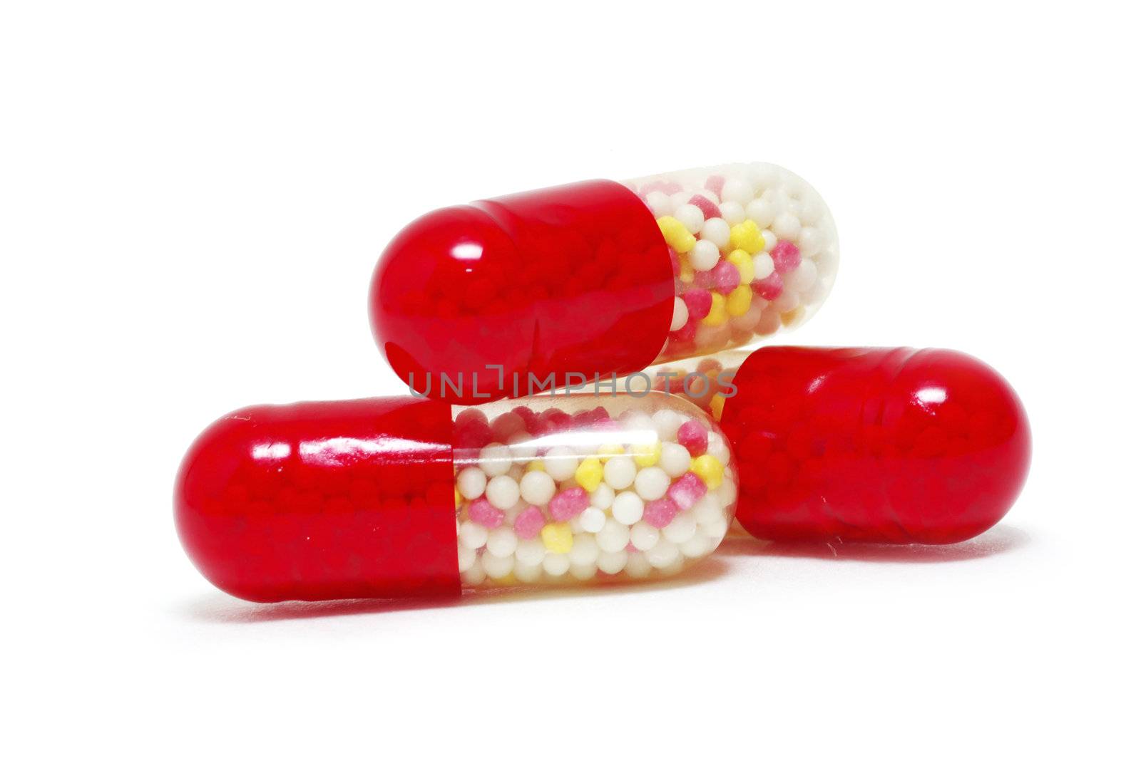 Macro of pills isolated on white background