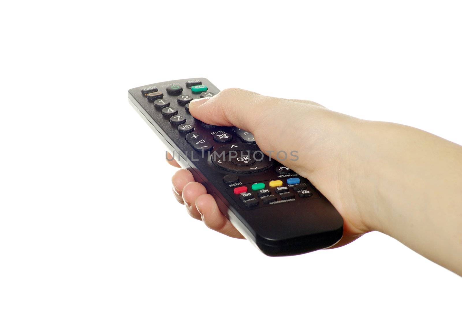remote control in hand isolated on white background