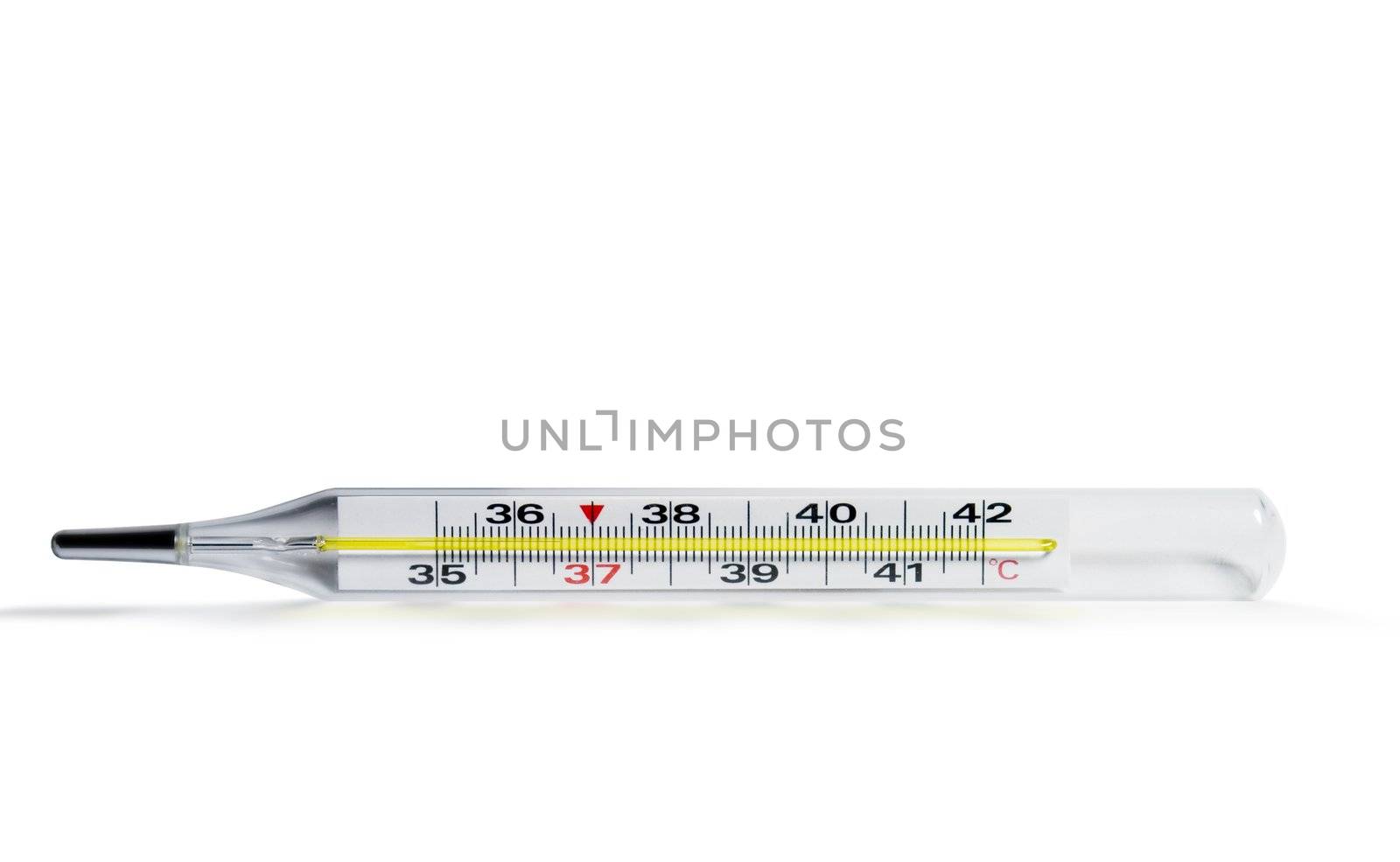 The medical thermometer (isolated on a white background) with reflection on a surface