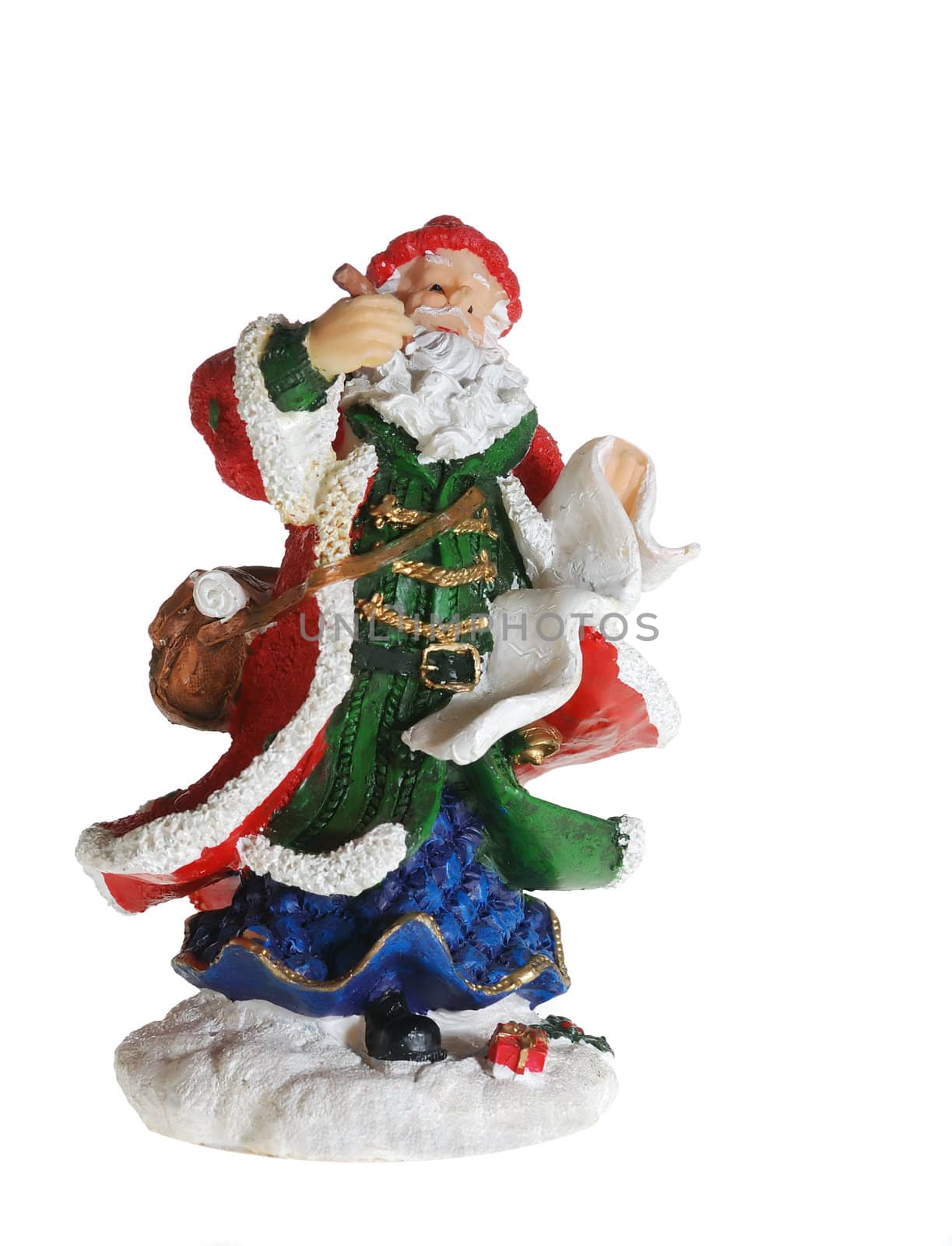 Santa Claus. A photo of a ceramic toy Santa, a writing congratulation