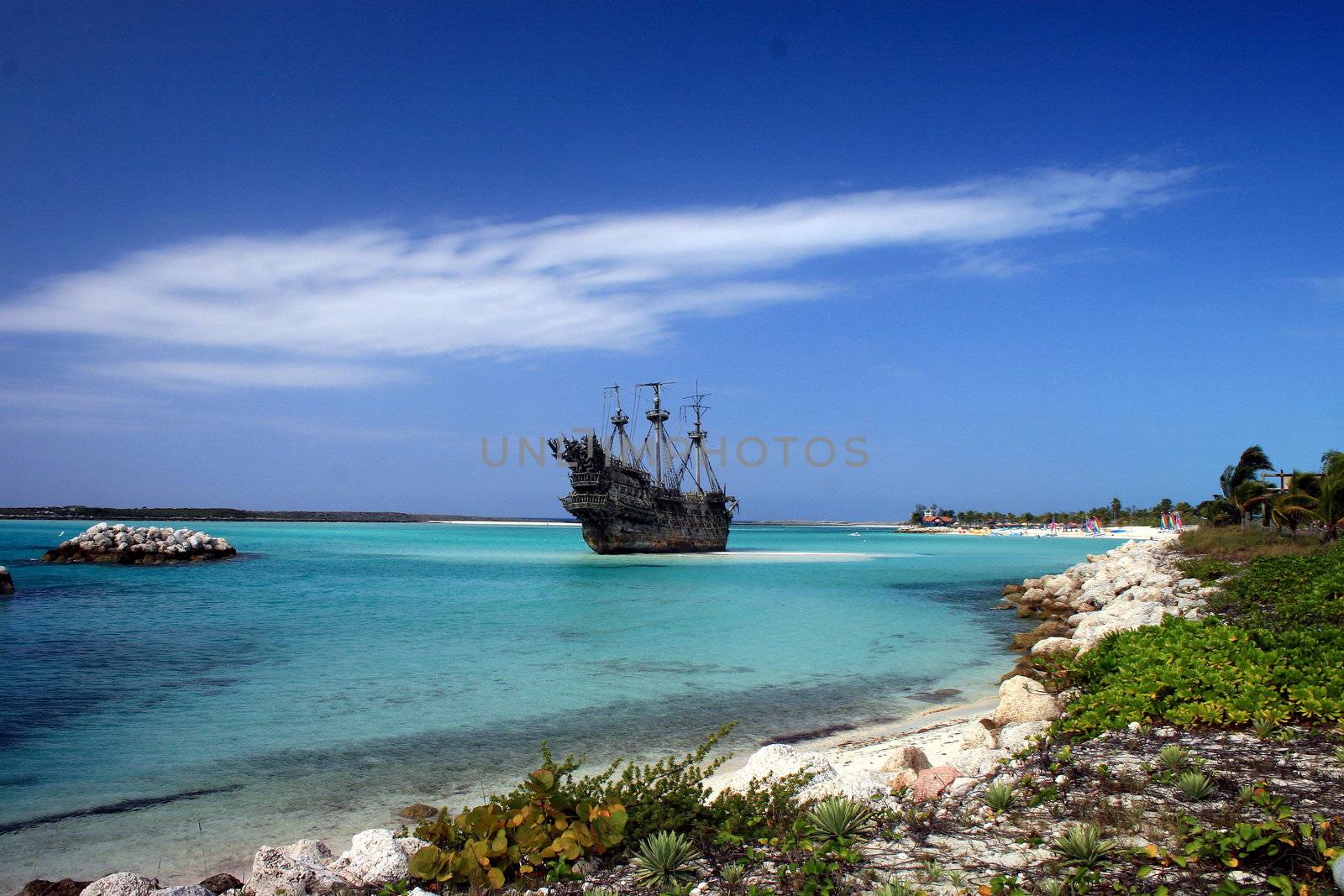 A replica of an old ship in the Caribbean