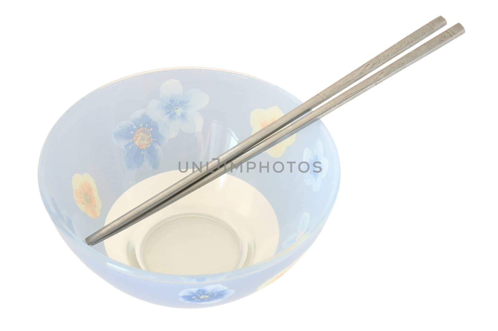 Blue cup and two steel chopsticks. On isolated background.