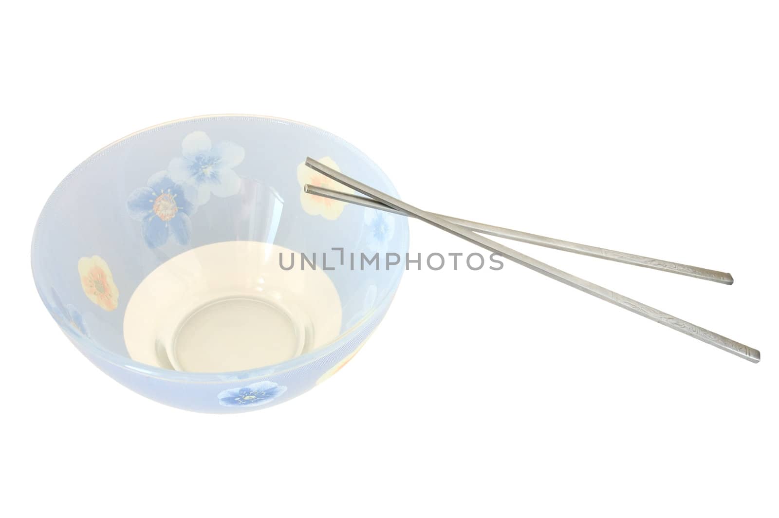 Blue cup and two steel chopsticks. On isolated background.