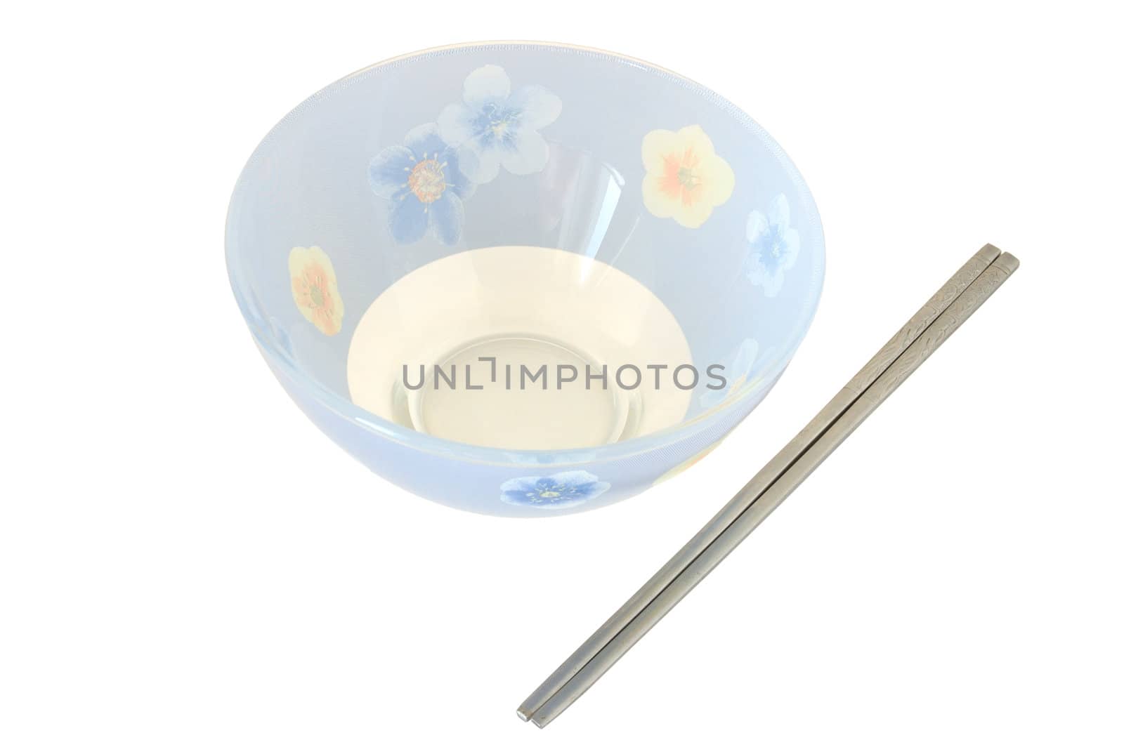 Blue cup and two steel chopsticks. On isolated background.