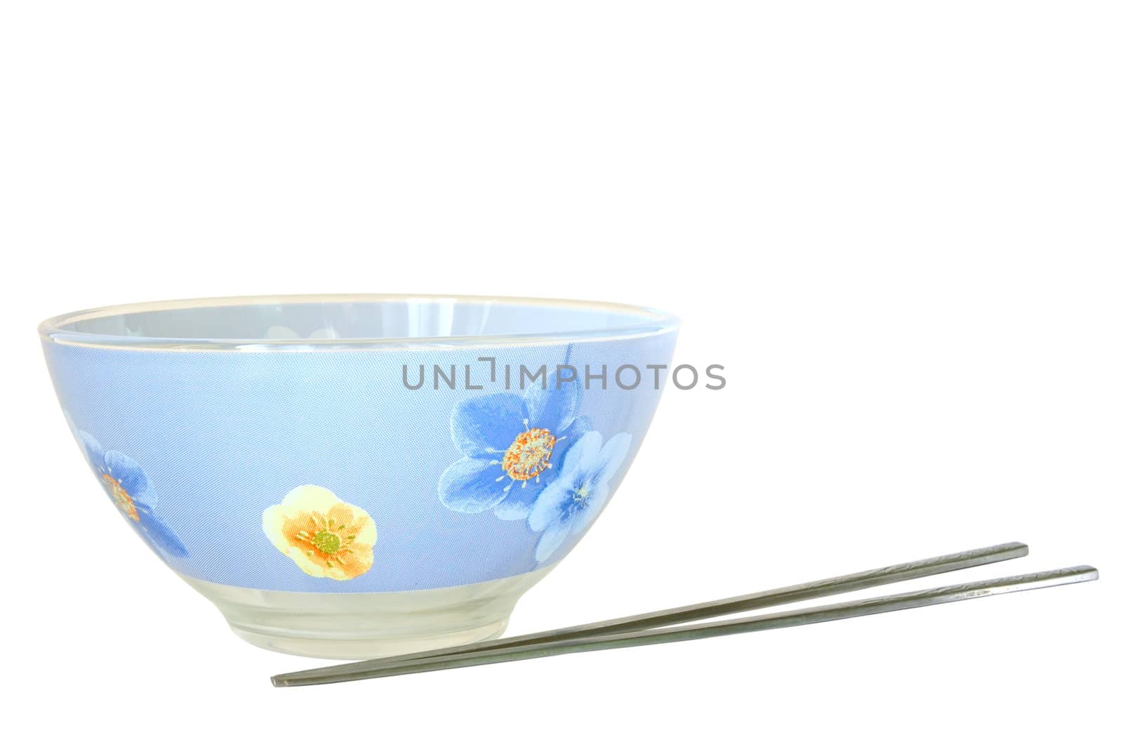 Blue cup and two steel chopsticks. On isolated background.