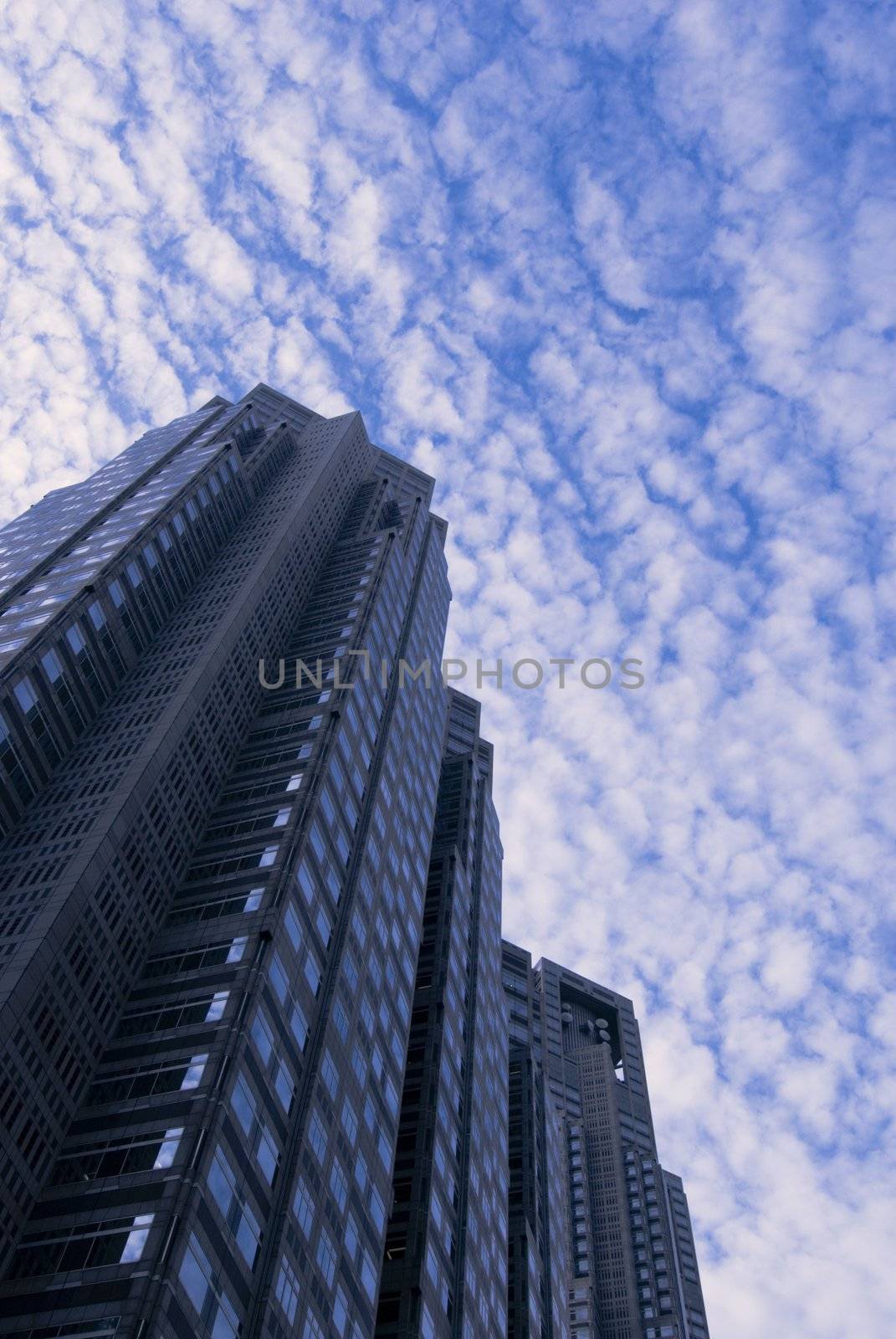 scenic sky over Tokyo City Hall building in Shinjuku district, Japan