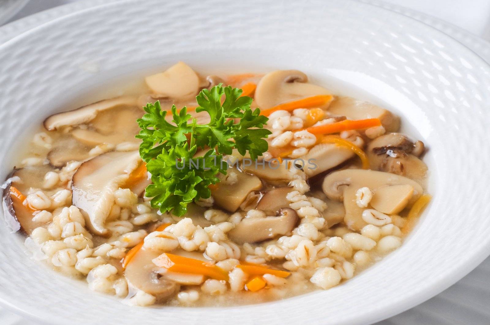 Bowl of wild mushroom and lentil soup.