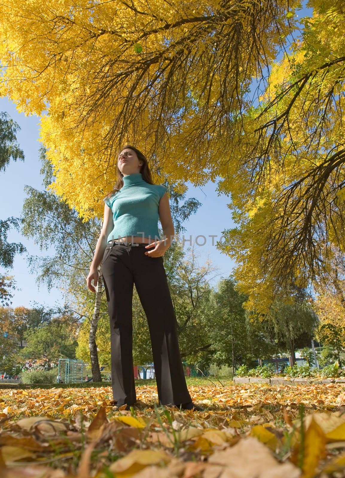 Autumn. Beautiful young woman against autumn park.