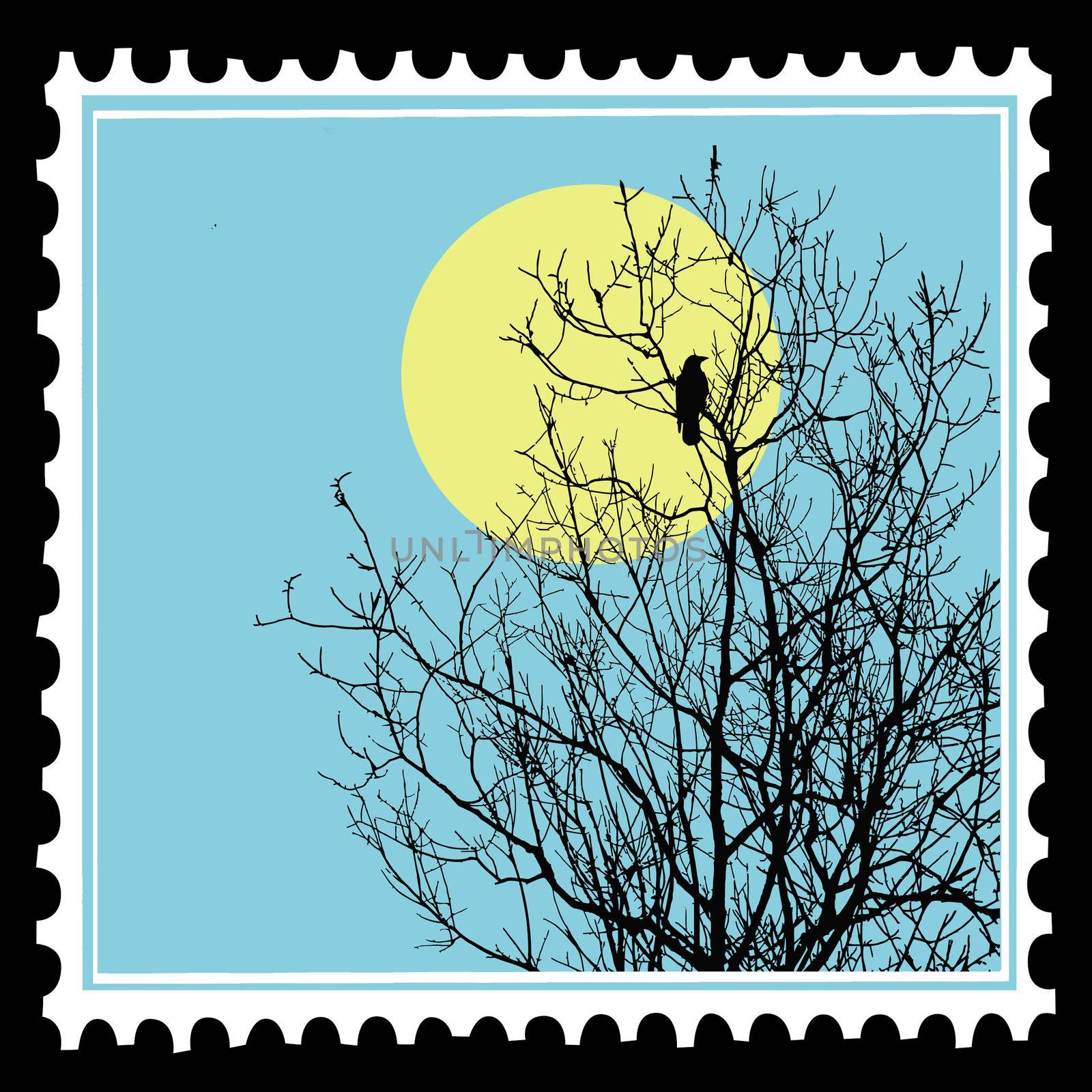 vector silhouette ravens on tree on postage stamps by basel101658