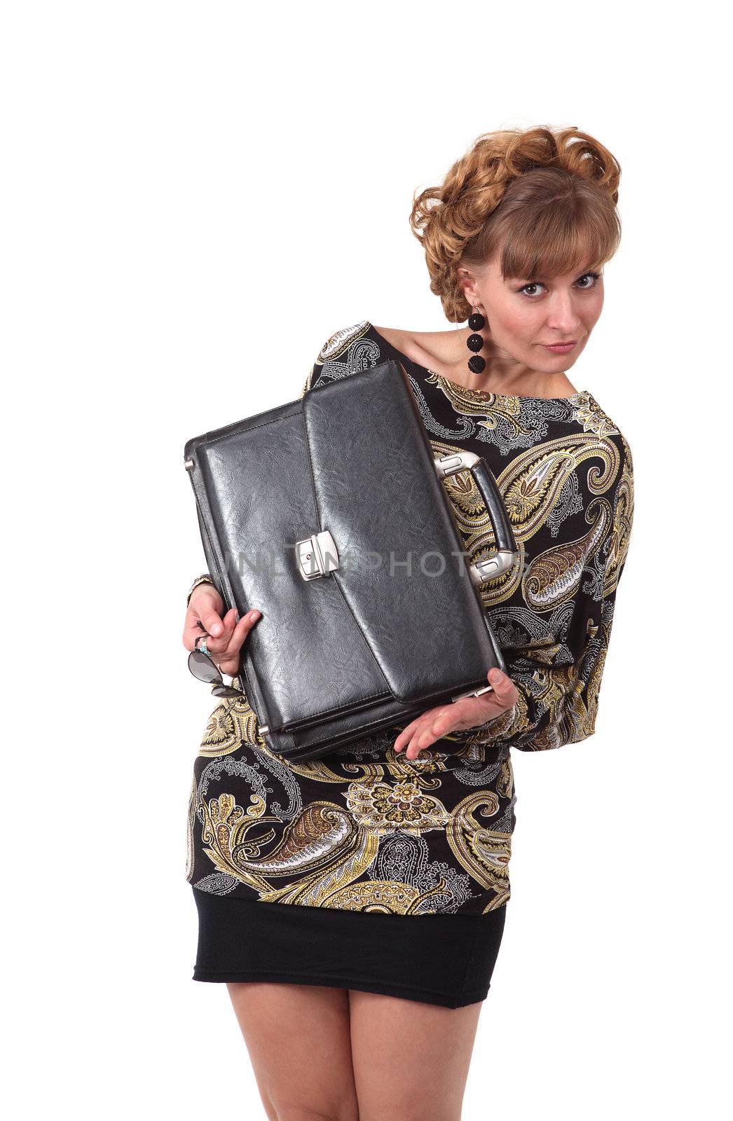 Young beautiful girl, a businesswoman with a briefcase on the white background
