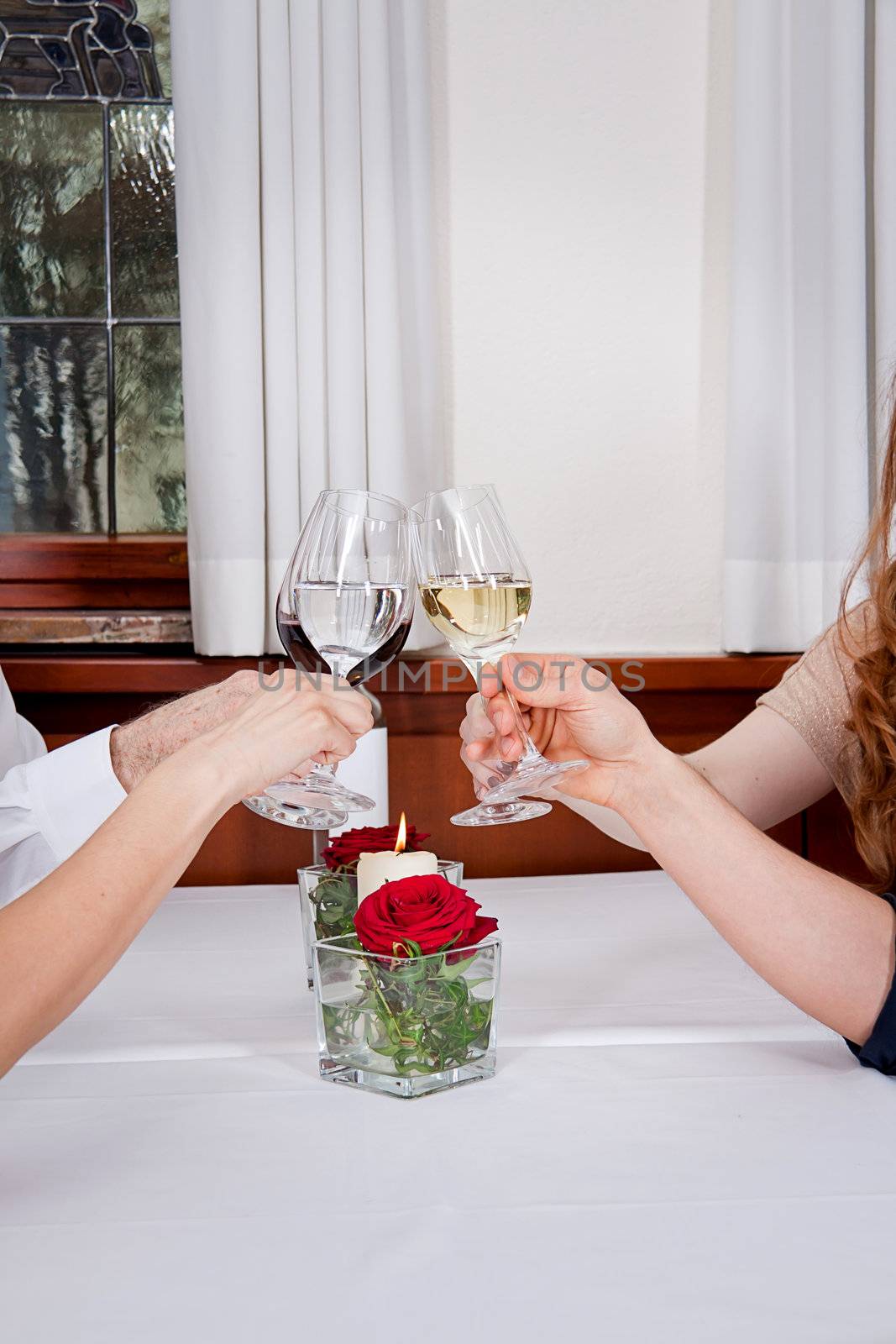 smiling happy people in restaurant by juniart