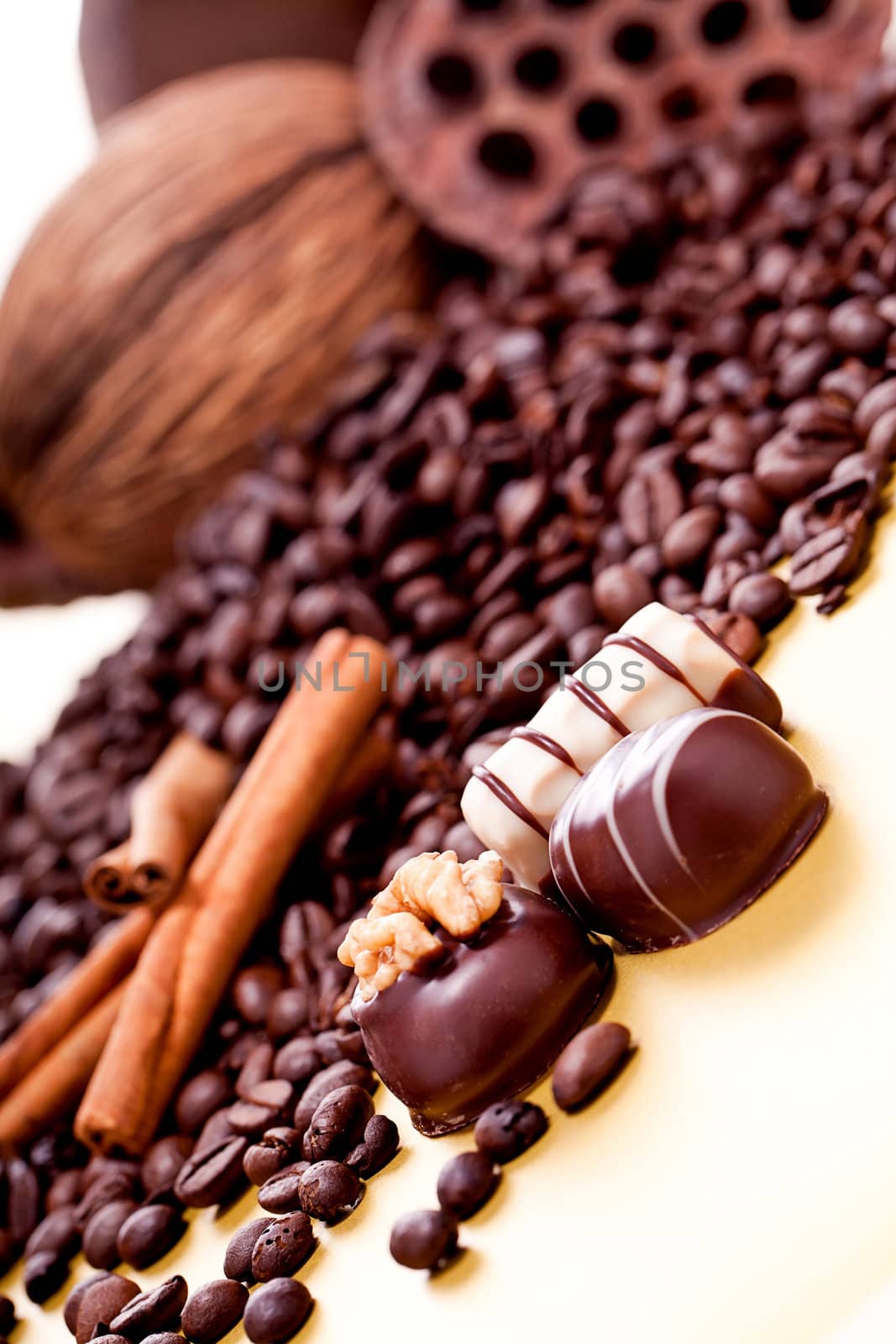 collection of different chocolate pralines truffels on golden brown background macro